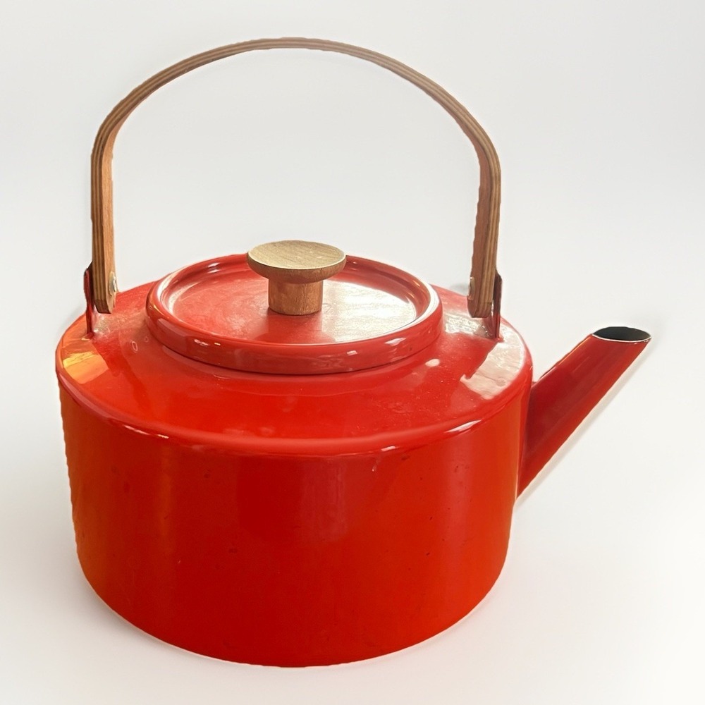 Vintage 1960s Copco Michael Lax Red Enamel Teapot Kettle #117 Rattan Handle MCM